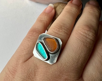 Sea Glass Ring Two-Tone Double Bezel Oxidized Sterling Silver with Double Round Band