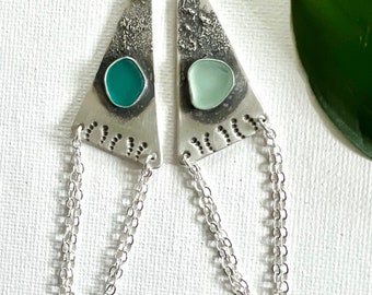 Oxidized Sterling Silver Sea Glass Dangles Textured Large Trangular with Drop Chain Detail
