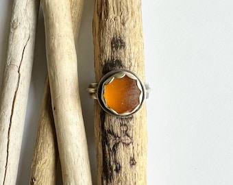 Sea Glass Ring Sterling Silver Rare Color Orange Size 6.5 Statement Ring