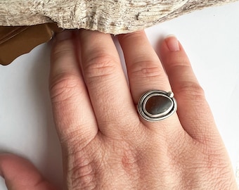 Dark Amber Brown Sea Glass and Sterling Silver Solitaire Ring Size 8.5