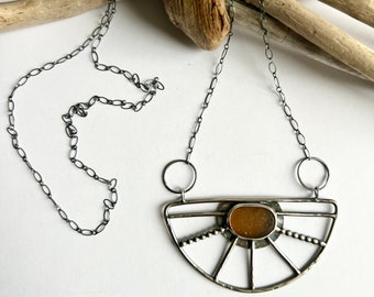 Sunburst Sea Glass Pendant Necklace Bezel-Set Hand-Forged Oxidized Sterling Silver Pendant Long Statement Necklace