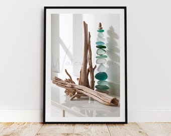Sea Glass Cairn Print: Coastal Beach House Decor (Digital Download