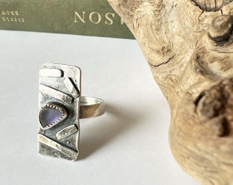 Rare Sea Glass Ring Rectangular Oxidized Sterling Silver with Simple Band Purple