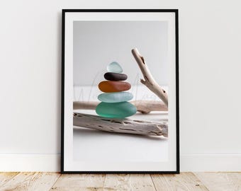 Sea Glass Cairn & Driftwood Print: Minimalist Coastal Decor (Digital Download)