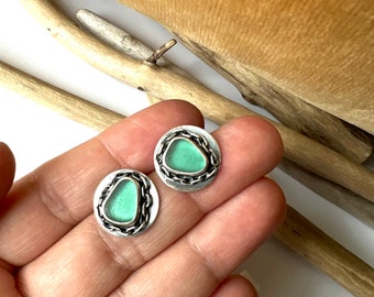 Sterling Silver Chain Link Sea Glass Earrings Bezel Set Studs Teal Sea Glass Ozidized