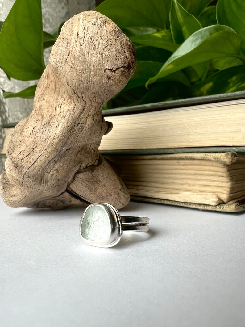 Custom Sea Glass and Sterling Silver Solitaire Ring With Organically Shaped Rustic Double Band CHOOSE GLASS and SIZE image 9