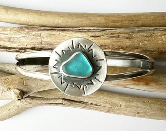Sterling Silver Sea Glass Split Cuff Bracelet Stamped Texture Turquoise Aqua