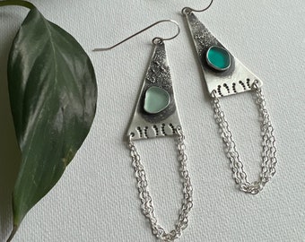 Oxidized Sterling Silver Sea Glass Dangles Textured Large Trangular with Drop Chain Detail