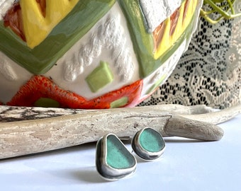 Sterling Silver Sea Glass Earrings Bezel Set Studs Teal Sea Glass