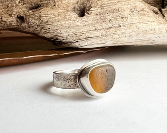 Sea Glass Ring Sterling Silver Reticulated Textured Band Statement Ring Amber