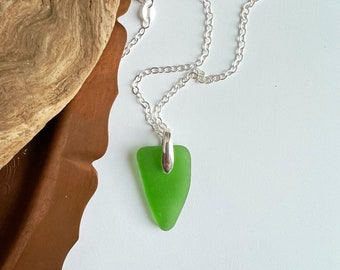 Genuine Sea Glass Simple Pendant Necklace Sterling Silver Beach Glass Emerald Green