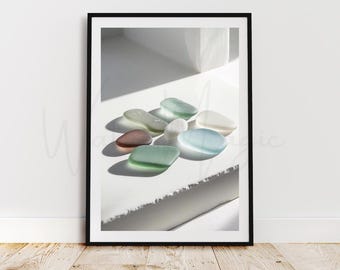 Sea Glass Cairn Print: Minimalist Coastal Beach House Decor (Digital Download)
