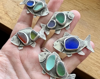 Whimsical Sterling Silver Fish Brooch Sea Glass Pin Beach Glass Tie Tack Shawl Pin Beach Glass Statement Piece