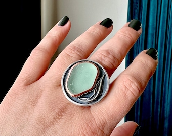 Seafoam Sea Glass Statement Ring: Oxidized Sterling Silver, Copper Leaf, Size 9.25