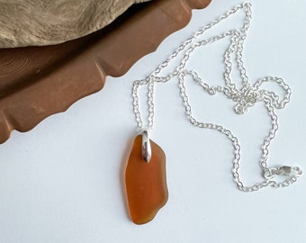 Genuine Sea Glass Simple Pendant Necklace Sterling Silver Beach Glass Amber