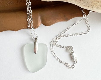 Genuine Sea Glass Simple Pendant Necklace Sterling Silver Beach Glass Clear White Very Light Seafoam