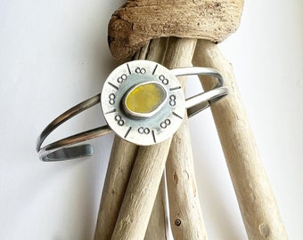 Cuff Bracelet Sterling Silver Sea Glass Stamped Texture Yellow Olive Green Split Cuff