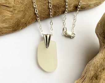 Genuine Sea Glass Simple Pendant Necklace Sterling Silver Beach Glass White Clear Warm Gray