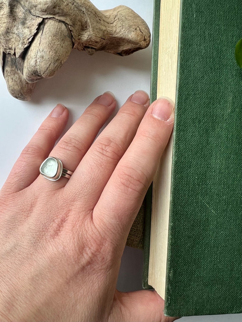 Custom Sea Glass and Sterling Silver Solitaire Ring With Organically Shaped Rustic Double Band CHOOSE GLASS and SIZE image 7