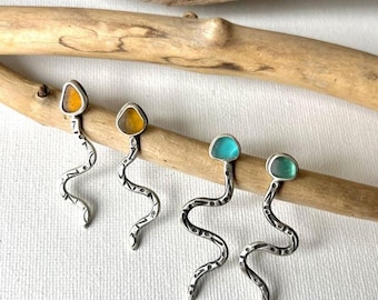 Sterling Silver Sea Glass Snake Earrings: Lake Huron Beach Glass