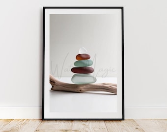 Sea Glass Cairn Print: Minimalist Coastal Wall Art (Digital Download)