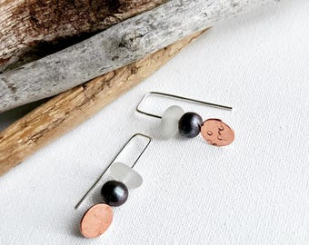 Sterling Silver Minimalist White Beach Glass Freshwater Pearls Feminine Earrings with Copper Accents