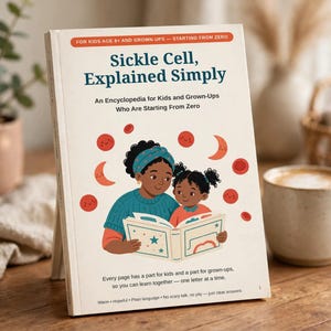 Puede incluir: Un libro de tapa blanda titulado Sickle Cell, Explained Simply, con una ilustración de un adulto y un niño leyendo juntos. La portada incluye gráficos de glóbulos rojos y texto sobre un fondo de color crema.