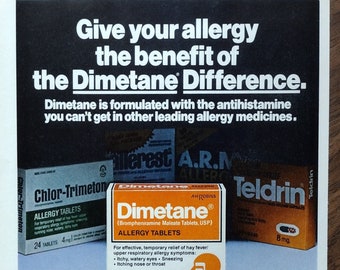 1980s Dimetane Allergy Tablets Original Magazine Advertisement