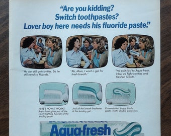 Publicité originale de dentifrice Aquafresh des années 1980 dans un magazine