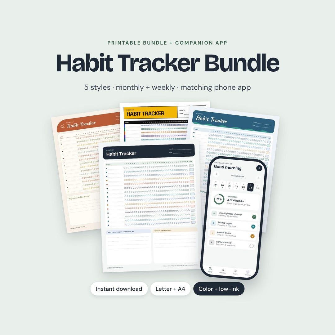 Habit Tracker App With Printables Bundle, 5 Styles, Monthly & Weekly ...