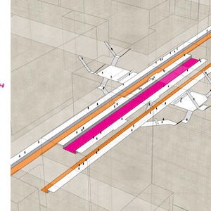 May include: A diagram showing a multi-level walkway system with a pink, orange, and white path. The text "F + M PATH" is in the top left corner of the image.