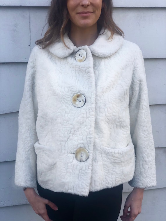 White Vintage 50s Carpet Teddy Swing Coat S M