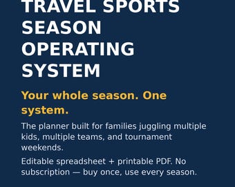 忙しい親のための旅行スポーツプランナー｜複数子のシーズンオーガナイザースプレッドシート｜トーナメント予算、持ち物リスト、スケジュールトラッカー