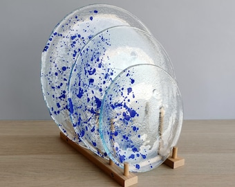 Fused Glass Plate Set of 2: Jackson Pollock Inspired Blue Dinnerware
