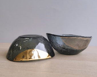 Bols à céréales en verre fusionné gris et or/platine : vaisselle minimaliste, lot de 2