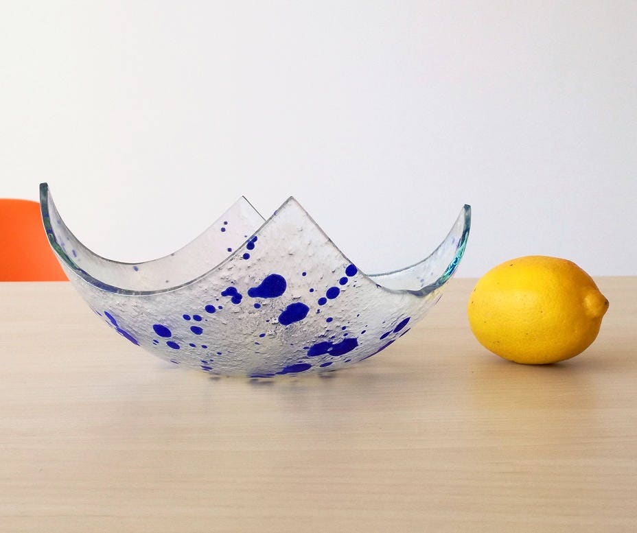 Bol de Fruits en Verre Fondu Moderne. Bol Cobalt Blue Accents. Vaisselle Minimaliste. Bleu Royal M