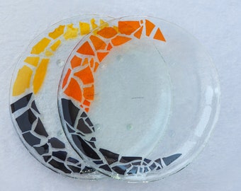 Set of 2 Unique Fused Glass Serving Platters in Black, Orange and Yellow. Round Shaped Fused Glass Platters Set of Two