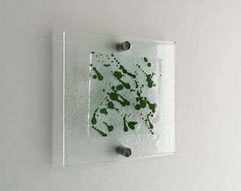 Fused Glass Jackson Pollock Inspired Wall Art Panel. Green Detailed Glass Wall Art. Modern Glass Wall Art. Original Abstract Glass Art