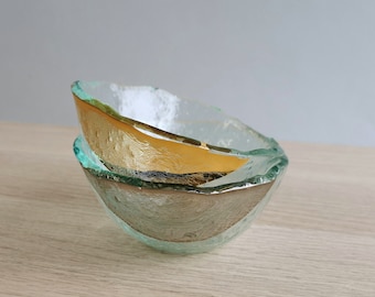 Fused Glass Ice Cream Bowls: Gold & Platinum Minimalist Tableware (Set of 2)