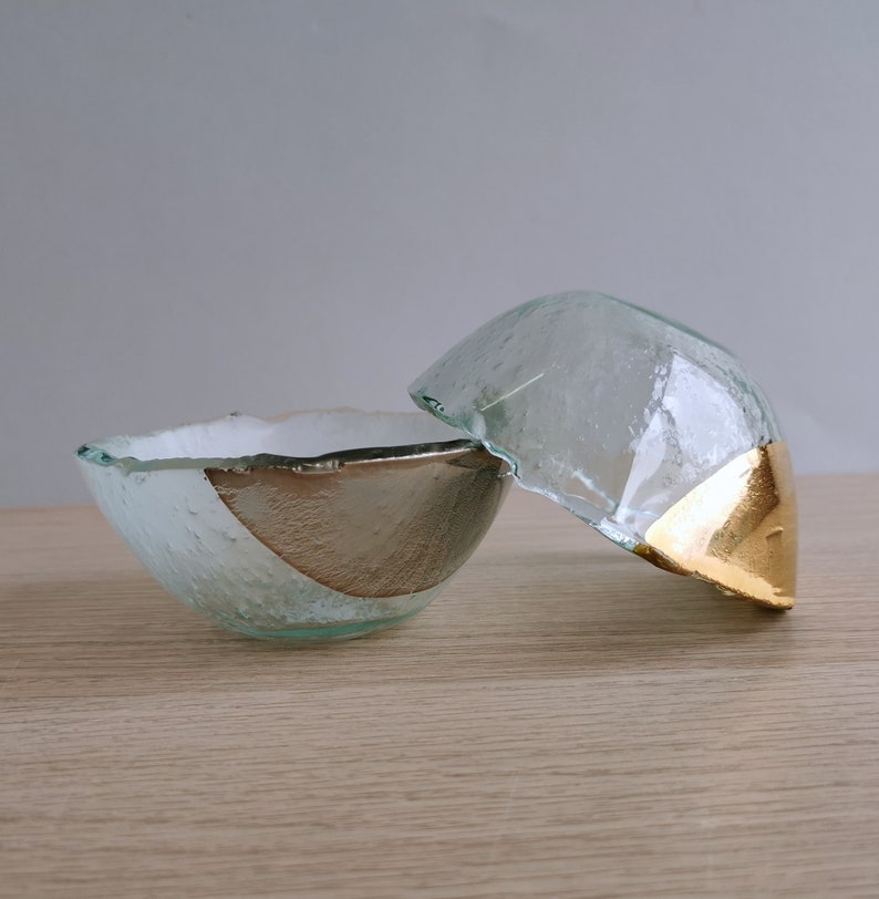 Set of 2 Transparent Fused Glass Deep Sauce/Nuts Bowls Gold/Platinum. Dipping Sauce Bowls. Minimalist Glass Tableware. Vanilla Collection imagem 4