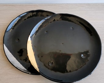 Set of 2 Black Fused Glass Platters With Gold / Platinum Details. Set of 2 Large Plates. Extra Large Glass Platters. Custom Glass Dinnerware