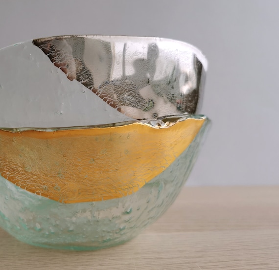 Müslischalen aus geschmolzenem Glas (2er-Set): Gold / Platinrand, minimalistisches Geschirr