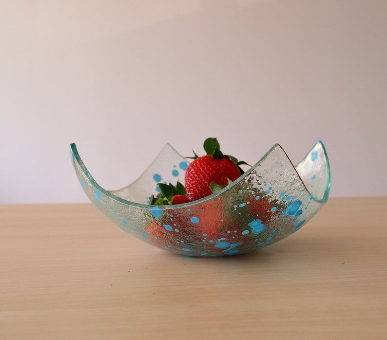 Designer Fruit Bowl Minimalist Blue Glass Fruit Bowl Sky Blue Accents Glass Bowl Blue Fruitbowl M Modern Fused Glass Fruit Bowl