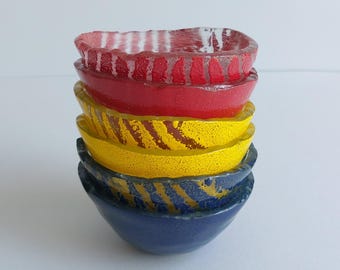 Fused Glass Dipping Bowls: Set of Six, Grey, Yellow, and Red