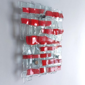 Fused Clear Glass Wall Art Panel With Red. Detailed Glass Wall Panel. Modern Glass Wall Art. Original Glass Art. Artistic Glass Art. Box 17