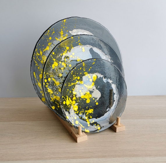 Jackson Pollock Inspired Fused Glass Plate Set: Yellow Art Dinnerware