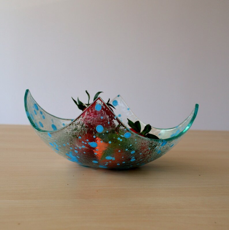 Designer Fruit Bowl Minimalist Blue Glass Fruit Bowl Sky Blue Accents Glass Bowl Blue Fruitbowl M Modern Fused Glass Fruit Bowl