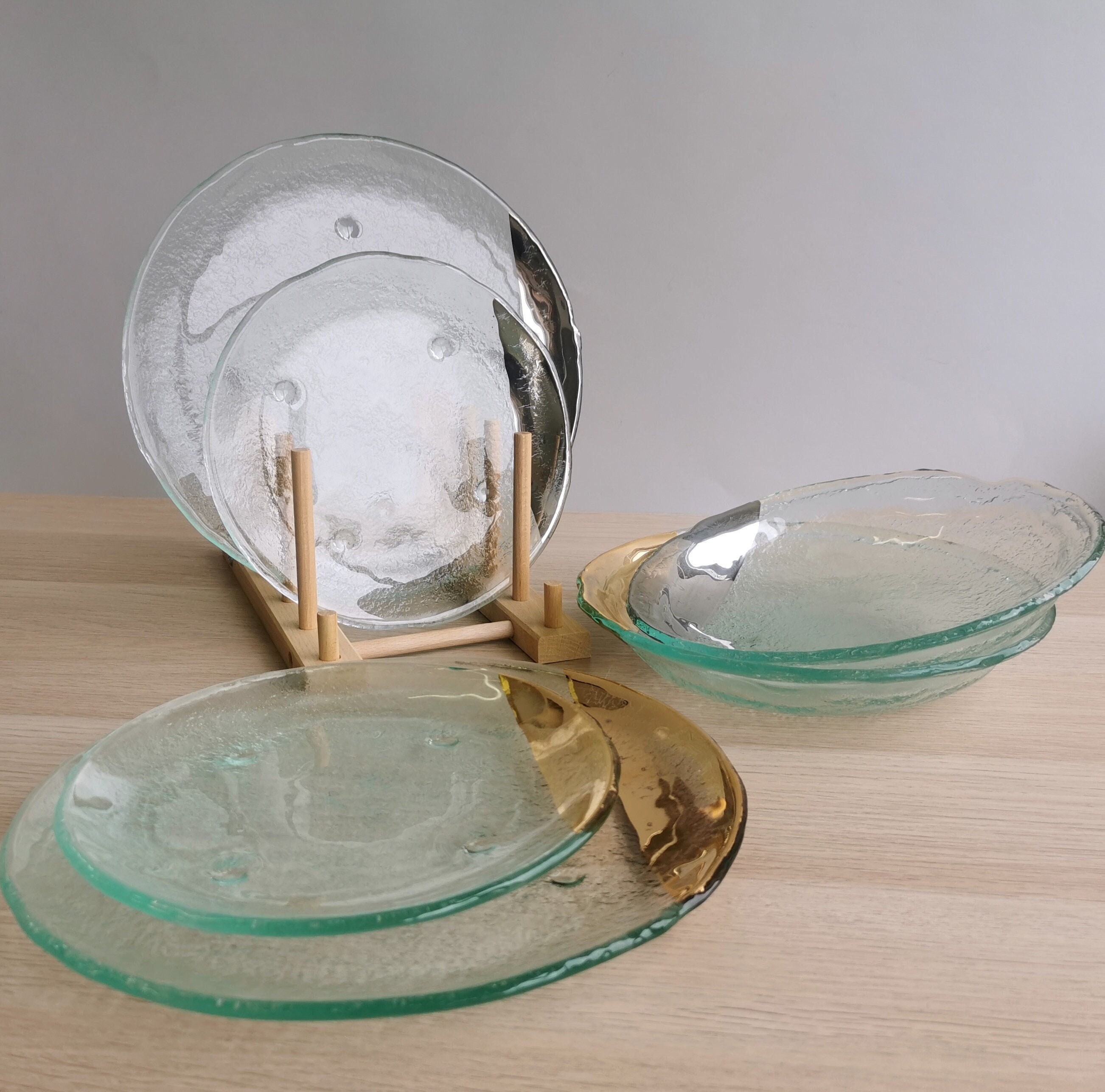 Ensemble de 2 assiettes en verre fondu transparent dessert / plat