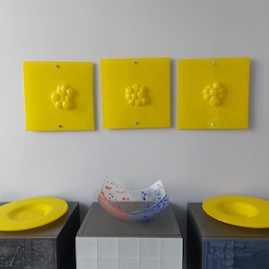 Set of 3 Artistic Fused Yellow Glass Wall Art Panel.  Modern Glass Wall Art. Original Artistic Glass Wall Art. QuadroSet4