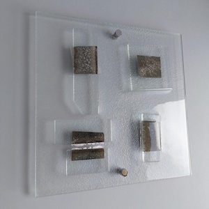 Artistic Clear Fused Glass Wall Art Panel. Square Detailed Glass Wall Panel. Modern Glass Wall Art. Original Artistic Glass Art. Quadro 14